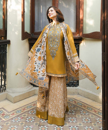 AS-U-0026 |SAPPHIRE- 3PC DHANAK FABRIC EMBROIDERED SHIRT WITH PRINTED WOOL SHAWL AND TROUSER|UNSTITCHED.
