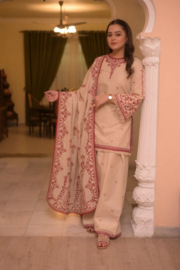 AS-U-0019 |ANEELAS 3PC DHANAK FABRIC EMBROIDERED SHIRT WITH DHANAK EMBROIDERED SHAWL AND TROUSER| Unstitched.