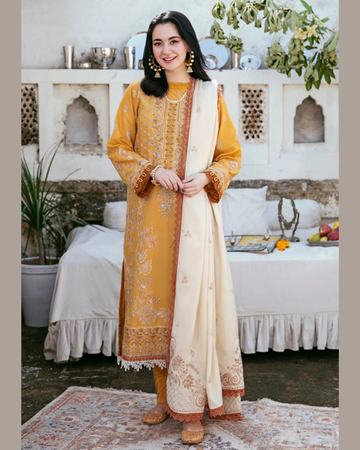 AS-U-0046 |ZARA SHAHJAHAN - 3PC DHANAK FABRIC EMBROIDERED SHIRT WITH DHANAK EMBROIDERED SHAWL AND TROUSER| UNSTITCHED.