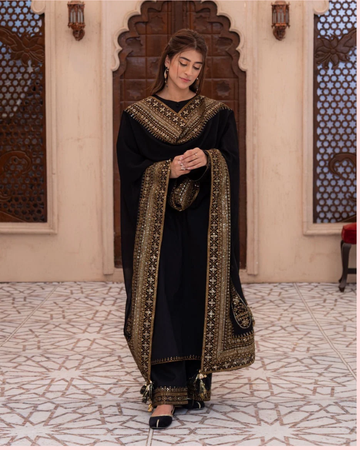 AS-U-0018 |Black Dhanak Luxury Embroidered| Unstitched  3PC