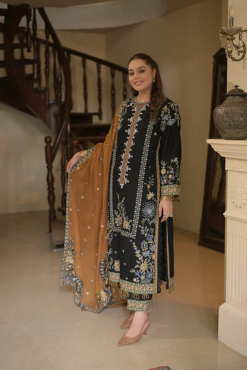 AS-U-0020 |ANEELAS 3PC DHANAK FABRIC EMBROIDERED SHIRT WITH DHANAK EMBROIDERED SHAWL AND TROUSER| Unstitched