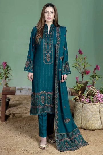 AS-U-0041 |MOHAGNI 3PC DHANAK FABRIC EMBROIDERED SHIRT WITH DHANAK EMBROIDERED SHAWL AND TROUSER | UNSTITCHED.