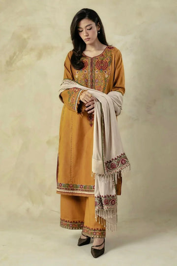 AS-U-0028|ZARA SHAHJAHAN 3PC DHANAK FABRIC EMBROIDERED SHIRT WITH DHANAK PRINTED SHAWL AND TROUSER|UNSTITCHED.