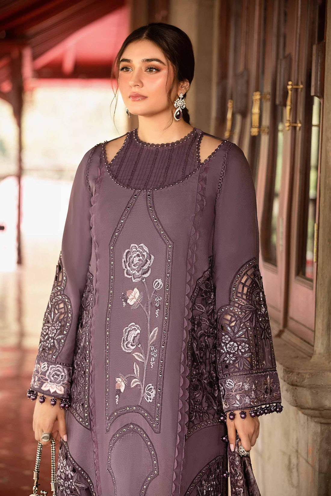 AS-U-0030 |MARIA.B 3PC DHANAK FABRIC EMBROIDERED SHIRT WITH DHANAK PRINTED SHAWL AND TROUSER|UNSTITCHED.