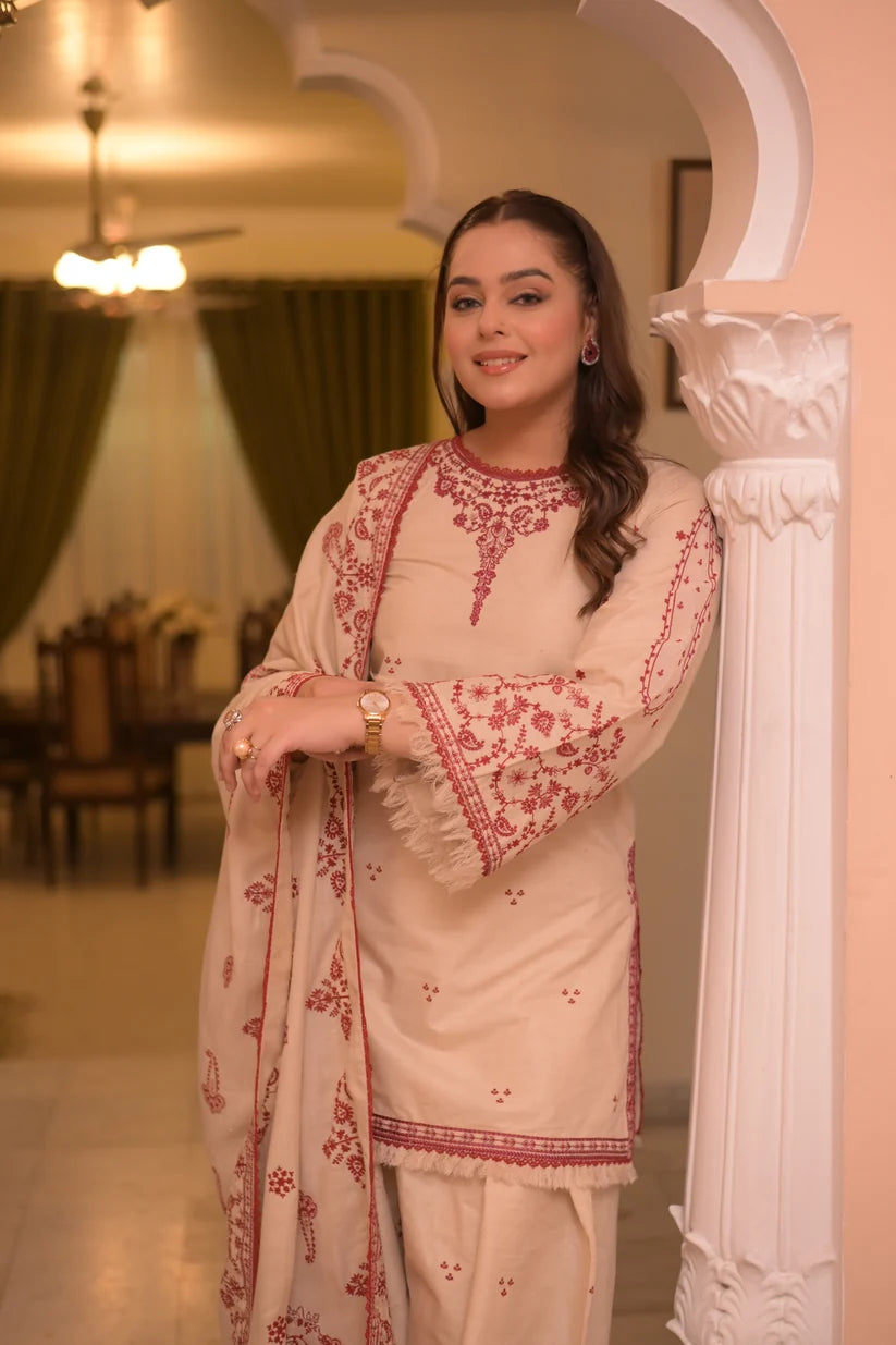 AS-U-0019 |ANEELAS 3PC DHANAK FABRIC EMBROIDERED SHIRT WITH DHANAK EMBROIDERED SHAWL AND TROUSER| Unstitched.
