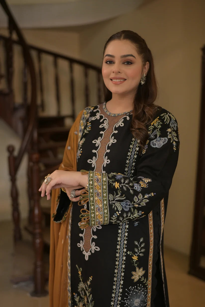 AS-U-0020 |ANEELAS 3PC DHANAK FABRIC EMBROIDERED SHIRT WITH DHANAK EMBROIDERED SHAWL AND TROUSER| Unstitched