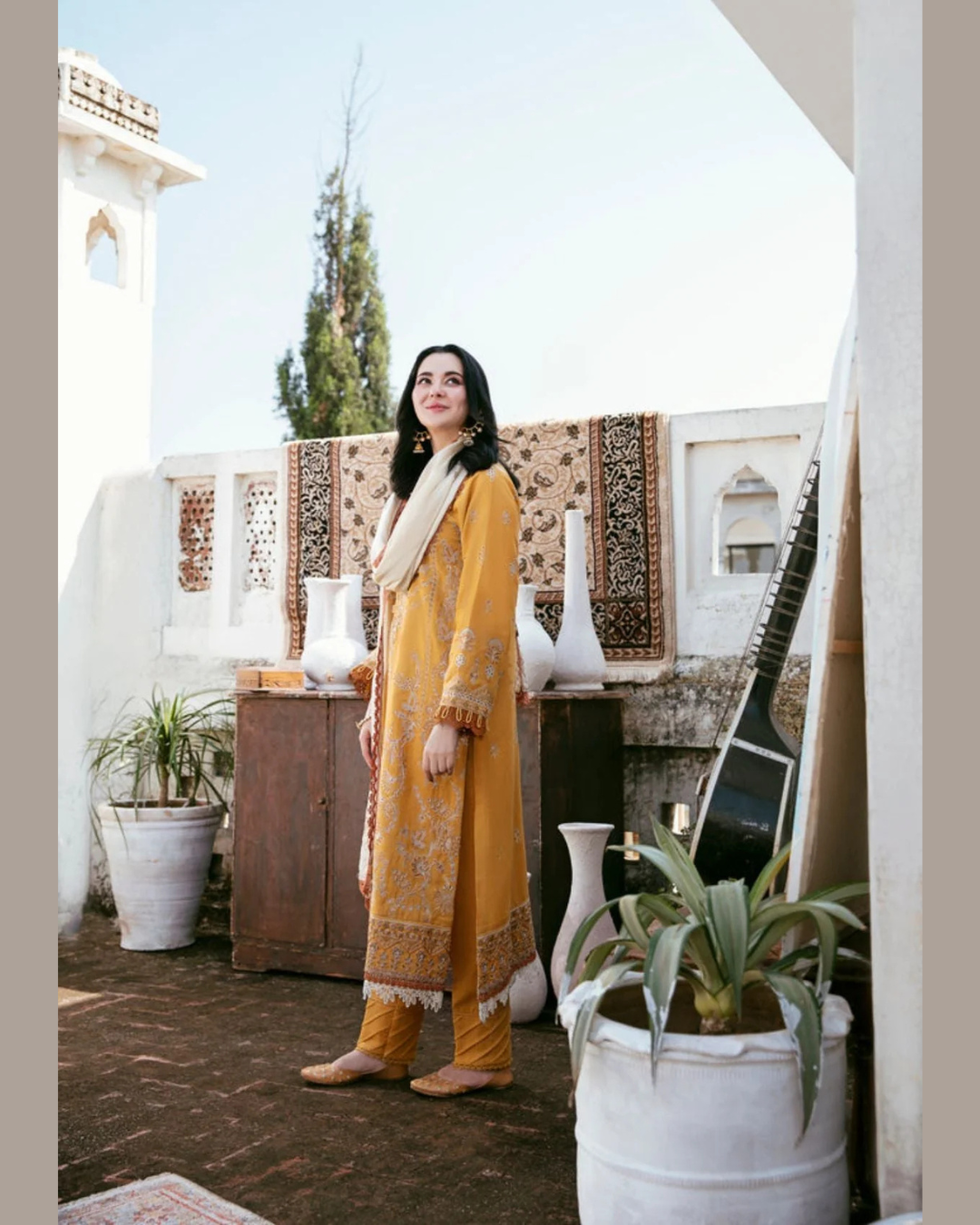 AS-U-0046 |ZARA SHAHJAHAN - 3PC DHANAK FABRIC EMBROIDERED SHIRT WITH DHANAK EMBROIDERED SHAWL AND TROUSER| UNSTITCHED.