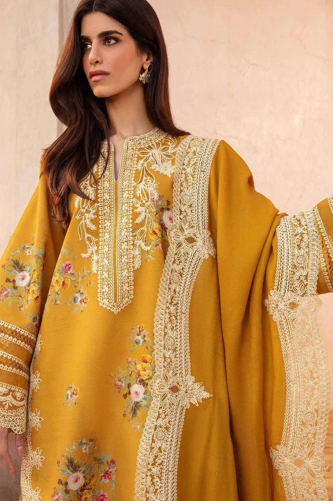 AS-U-0037 |Crimson 3PC DHANAK FABRIC EMBROIDERED SHIRT WITH DHANAK EMBROIDERED SHAWL AND TROUSER|UNSTITCHED.
