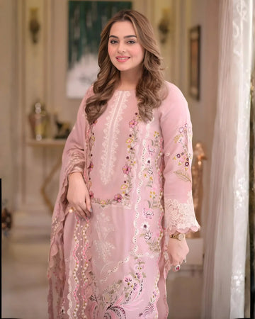 AS-U-0014|ANEELAS - 3PC DHANAK FABRIC EMBROIDERED SHIRT WITH DHANAK EMBROIDERED DUPATTA AND TROUSER|UNSTITCHED