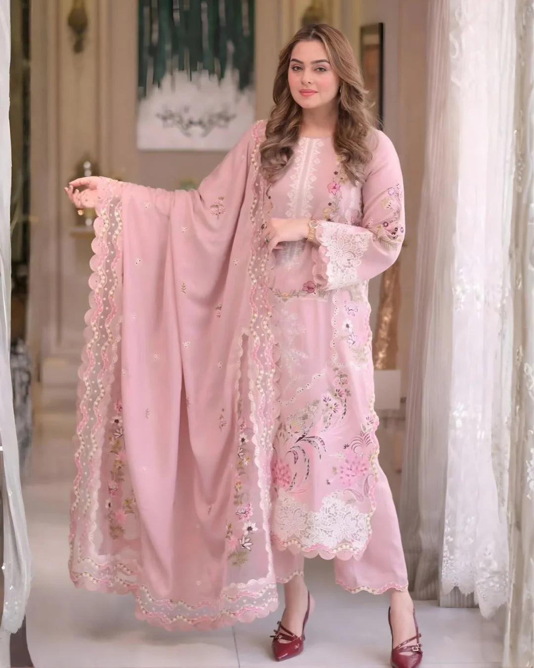AS-U-0014|ANEELAS - 3PC DHANAK FABRIC EMBROIDERED SHIRT WITH DHANAK EMBROIDERED DUPATTA AND TROUSER|UNSTITCHED