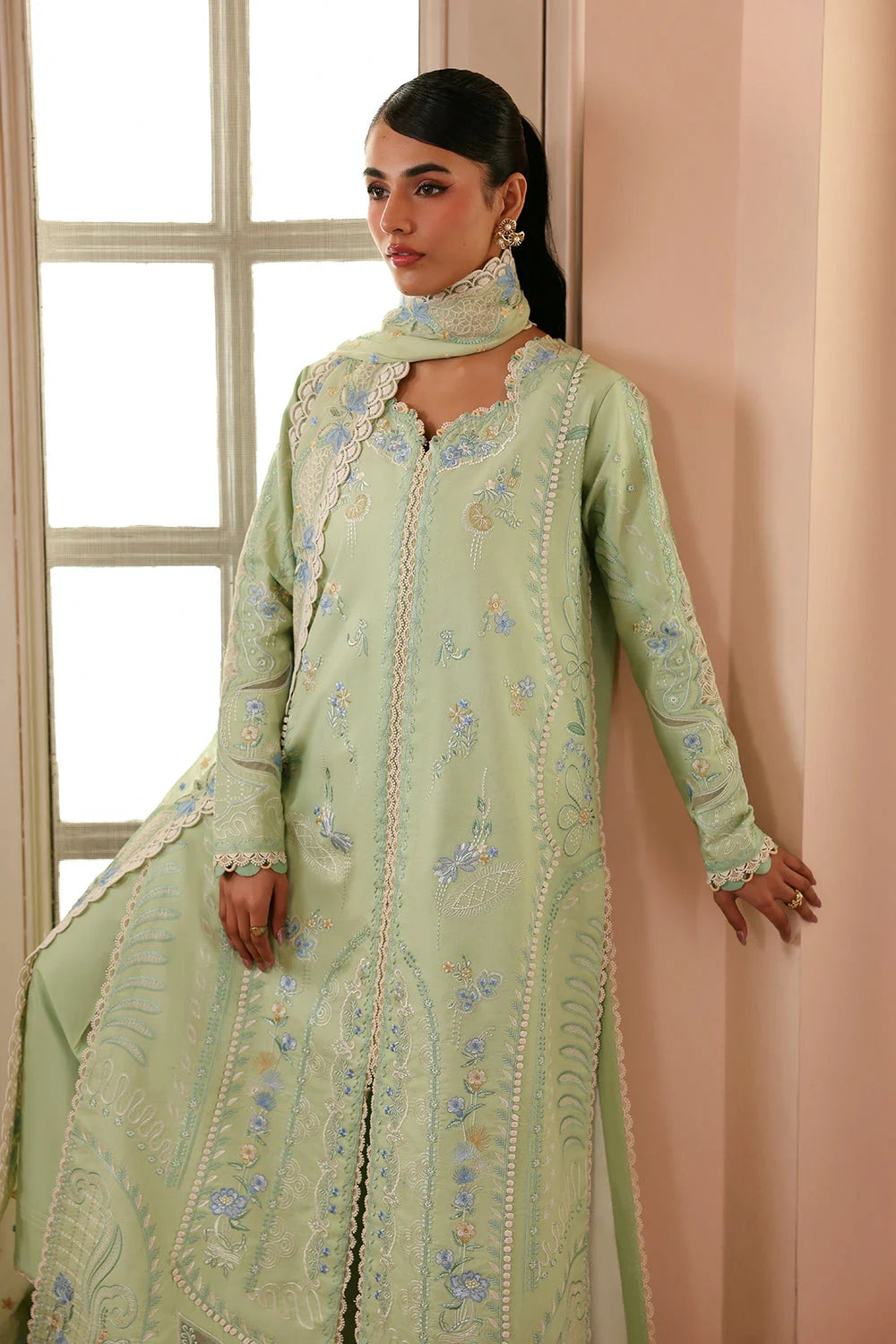 AS-U-0009|ZIVA - 3PC DHANAK FABRIC EMBROIDERED SHIRT WITH DHANAK EMBROIDERED SHAWL AND TROUSER| UNSTITCHED