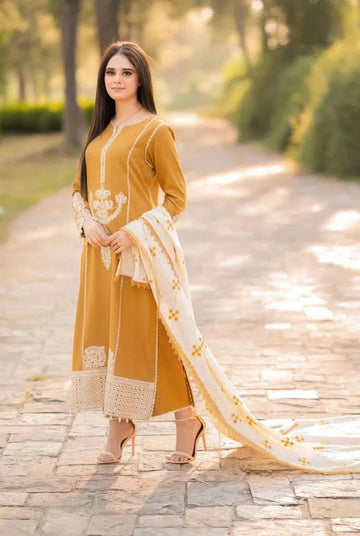AS-U-0043 |AISLING 3PC DHANAK FABRIC EMBROIDERED SHIRT WITH DHANAK EMBROIDERED SHAWL AND TROUSER| UNSTITCHED.