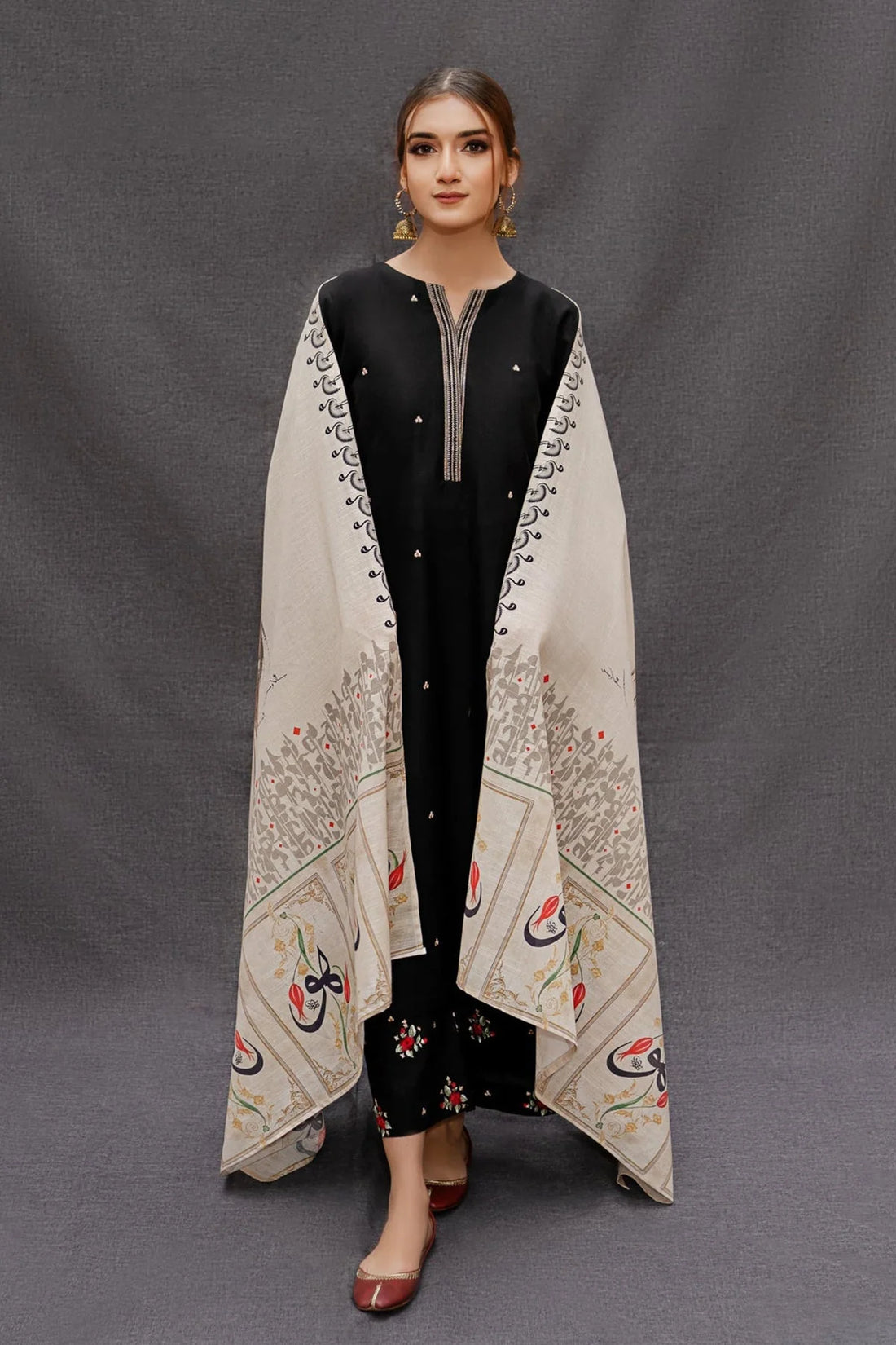 AS-U-0013|URGE 3PC DHANAK FABRIC EMBROIDERED SHIRT WITH PRINTED SHAWL AND TROUSER|UNSTITCHED