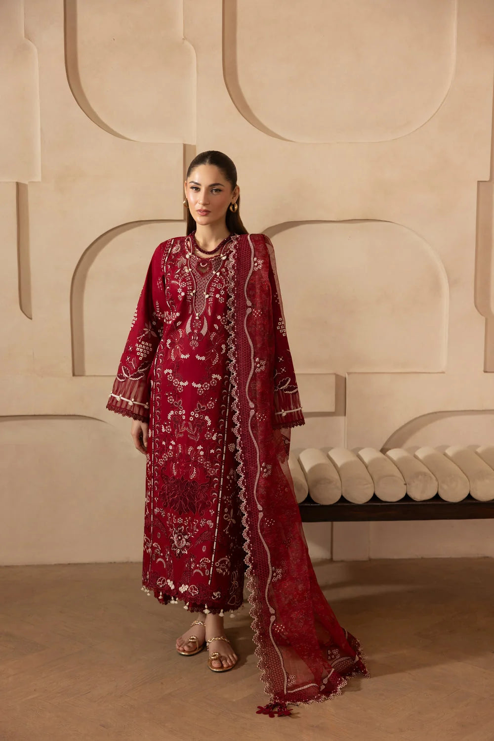 AS-U-0010|MEHMAL 3PC DHANAK FABRIC EMBROIDERED SHIRT WITH DHANAK EMBROIDERED SHAWL AND TROUSER|UNSTITCHED
