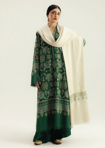 AS-U-0027 |ZARA SHAHJAHAN- 3PC DHANAK FABRIC EMBROIDERED SHIRT WITH DHANAK EMBROIDERED SHAWL AND TROUSER|UNSTITCHED.