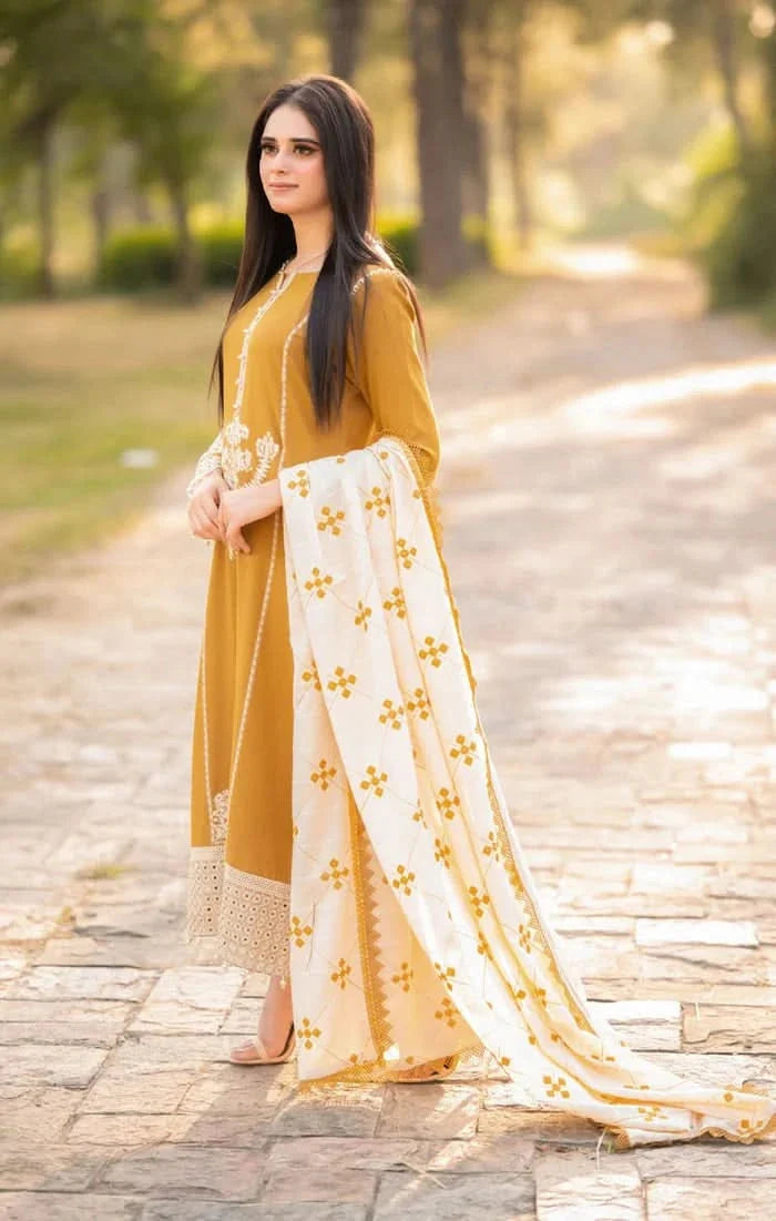 AS-U-0043 |AISLING 3PC DHANAK FABRIC EMBROIDERED SHIRT WITH DHANAK EMBROIDERED SHAWL AND TROUSER| UNSTITCHED.
