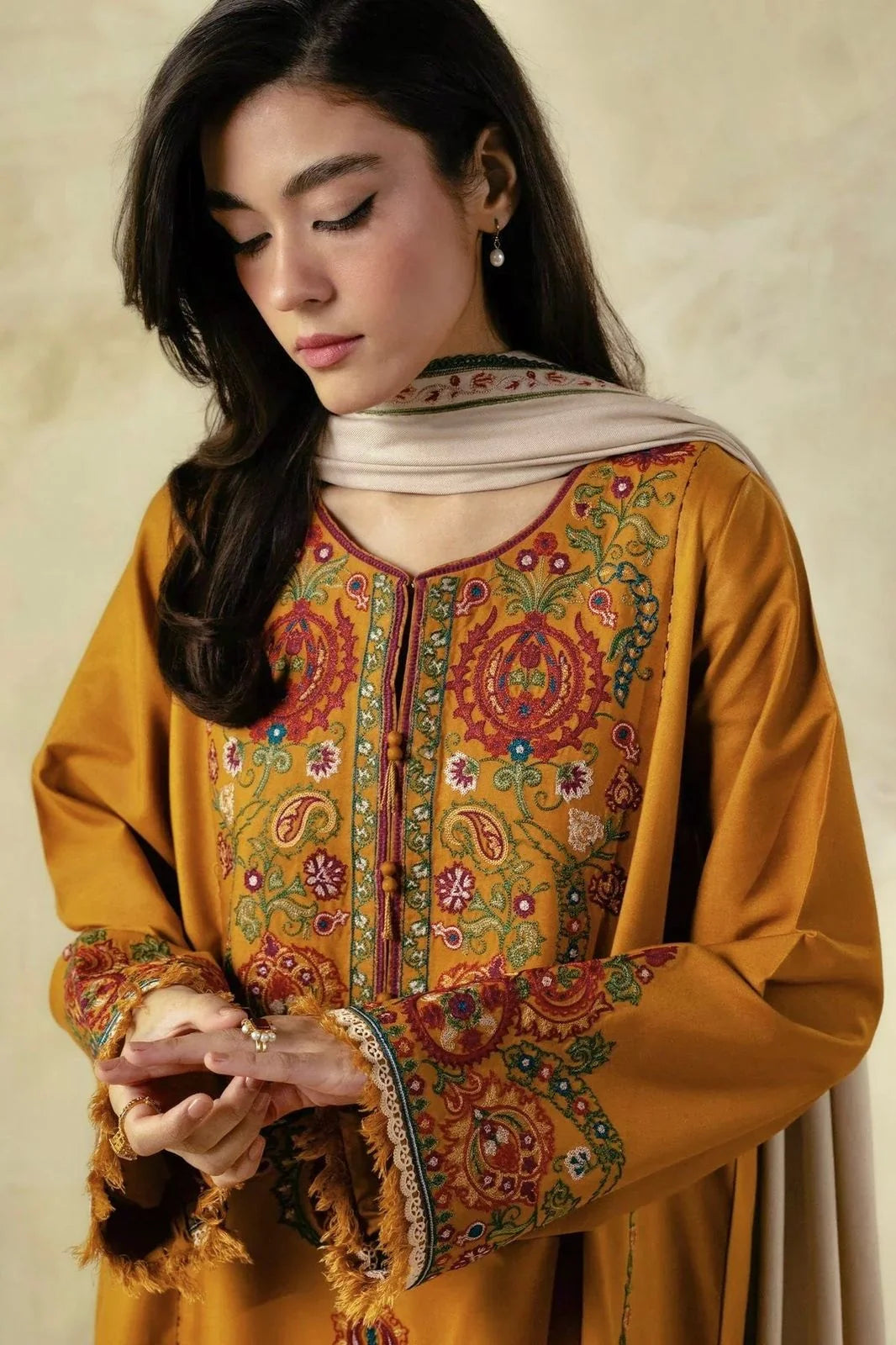 AS-U-0028|ZARA SHAHJAHAN 3PC DHANAK FABRIC EMBROIDERED SHIRT WITH DHANAK PRINTED SHAWL AND TROUSER|UNSTITCHED.