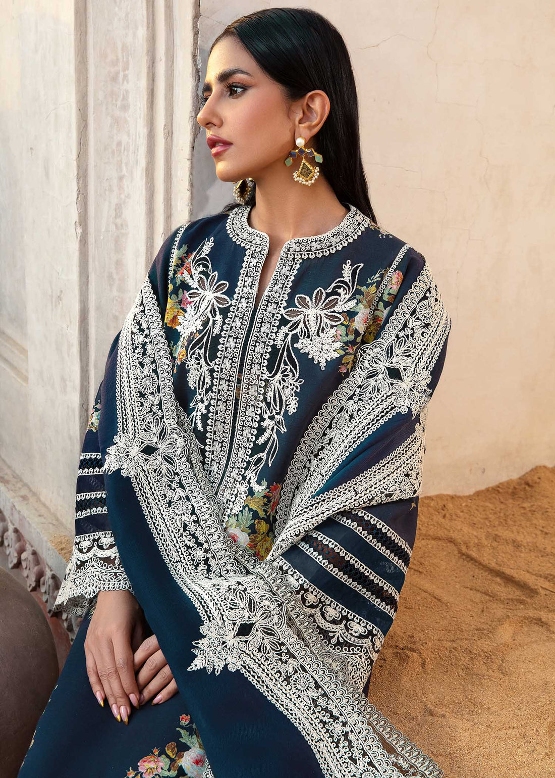 AS-U-0042 |Crimson 3PC DHANAK FABRIC EMBROIDERED SHIRT WITH DHANAK EMBROIDERED SHAWL AND TROUSER| UNSTITCHED