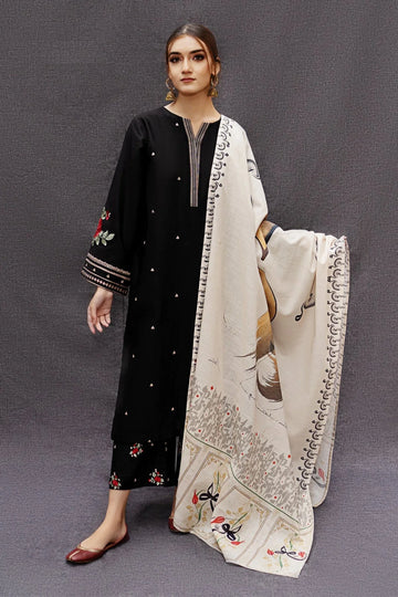 AS-U-0013|URGE 3PC DHANAK FABRIC EMBROIDERED SHIRT WITH PRINTED SHAWL AND TROUSER|UNSTITCHED