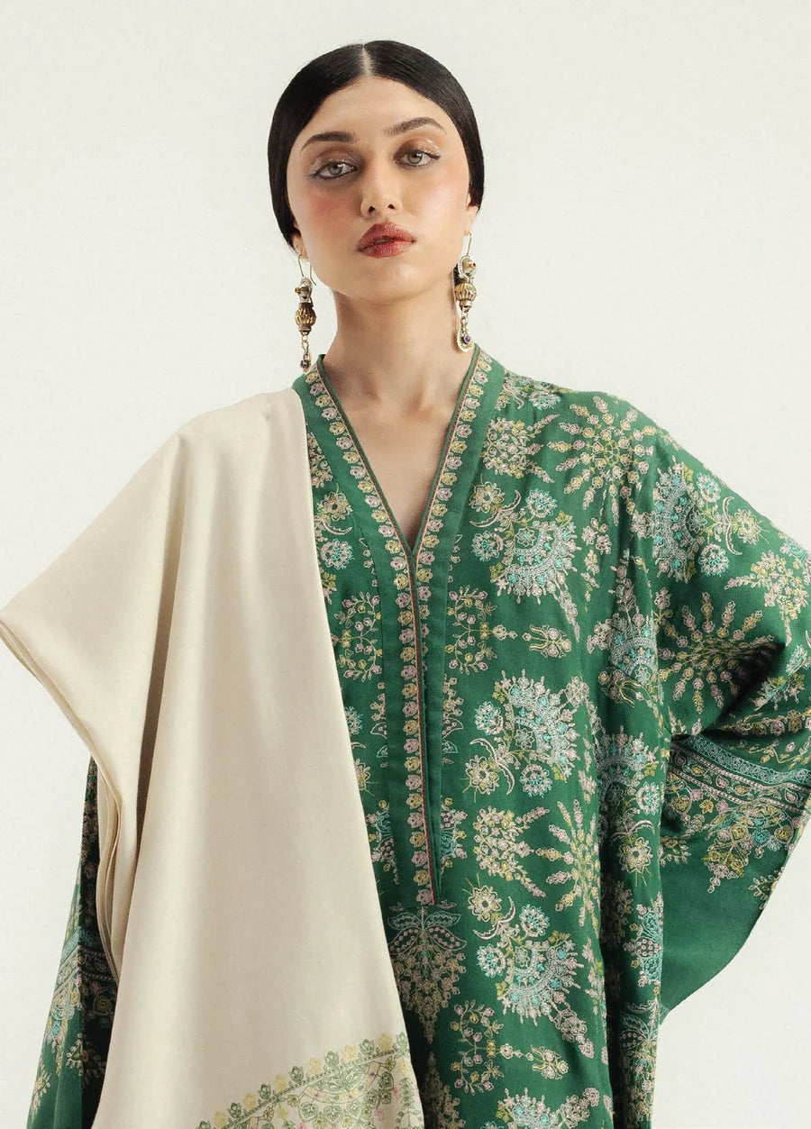 AS-U-0027 |ZARA SHAHJAHAN- 3PC DHANAK FABRIC EMBROIDERED SHIRT WITH DHANAK EMBROIDERED SHAWL AND TROUSER|UNSTITCHED.