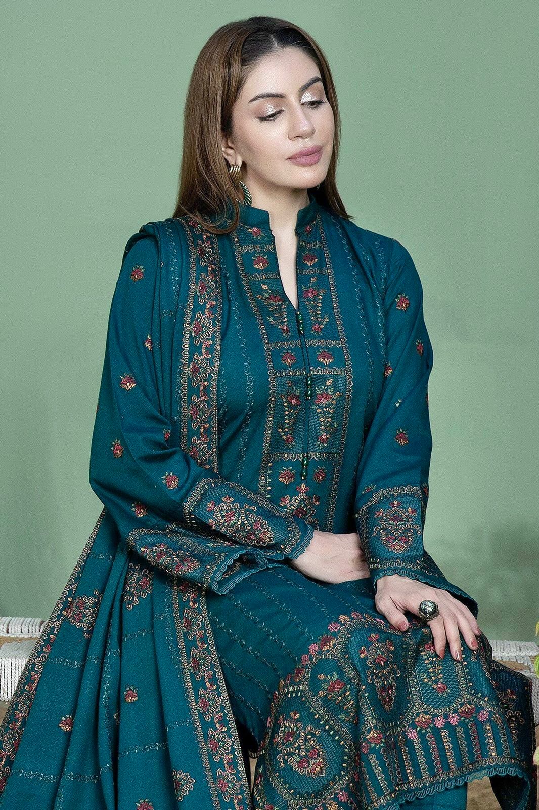 AS-U-0041 |MOHAGNI 3PC DHANAK FABRIC EMBROIDERED SHIRT WITH DHANAK EMBROIDERED SHAWL AND TROUSER | UNSTITCHED.