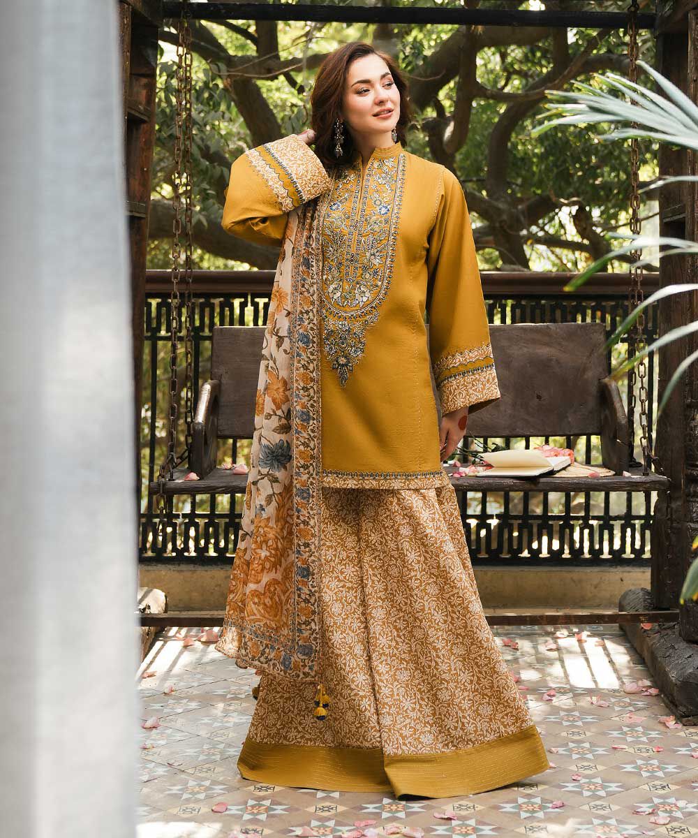AS-U-0026 |SAPPHIRE- 3PC DHANAK FABRIC EMBROIDERED SHIRT WITH PRINTED WOOL SHAWL AND TROUSER|UNSTITCHED.