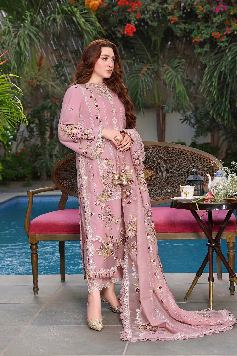 AS-U-0007|ANEELAS - 3PC DHANAK FABRIC EMBROIDERED SHIRT WITH DHANAK EMBROIDERED SHAWL AND TROUSER|UNSTITCHED