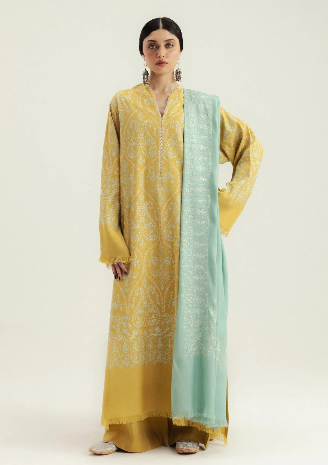 AS-U-0005|ZARA - 3PC DHANAK FABRIC EMBROIDERED SHIRT WITH DHANAK EMBROIDERED SHAWL AND TROUSER |UNSTITCHED