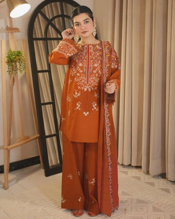 AS-U-0031 |MIEL Dhanak Embroidered Shirt Embroidered Daman Patch Dhanak Embroidered Sleeves Dhanak Printed SHAWL  Dhanak Dyed Back Dhanak Dyed Trouser Unstitched 3PC Dress| UNSTITCHED.