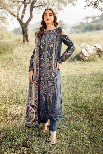 AS-U-0011|MARIA B- 3PC DHANAK FABRIC EMBROIDERED SHIRT WITH PRINTED WOOL SHAWL AND TROUSER|UNSTITCHED
