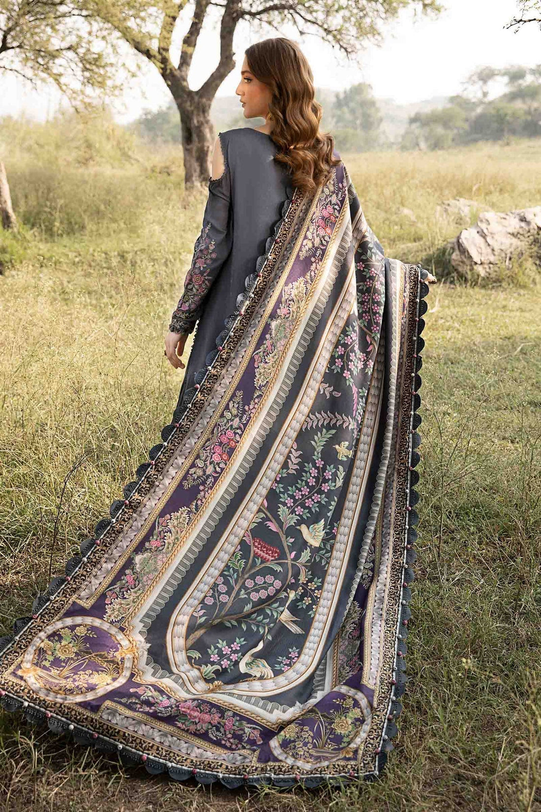 AS-U-0011|MARIA B- 3PC DHANAK FABRIC EMBROIDERED SHIRT WITH PRINTED WOOL SHAWL AND TROUSER|UNSTITCHED